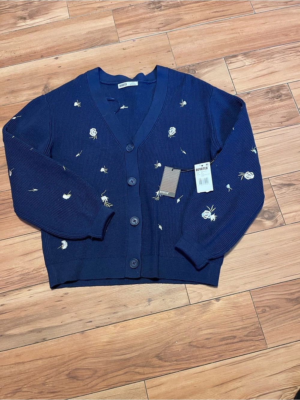 Devoted Navy Floral Embroidered V-Neck Cardigan Sweater